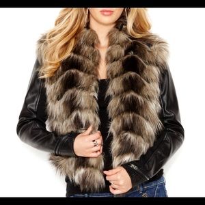 GUESS FUEX-LEATHER ZIP UP FUEX-FUR JACKET SZ L